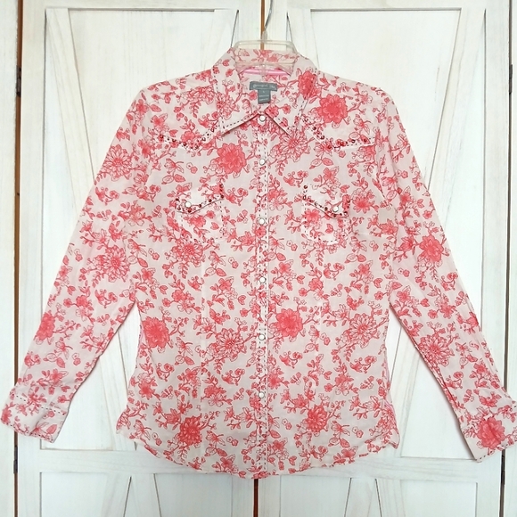 Cowgirl Up Vintage Western Pink Floral &   Rhinestone Button Up Shirt - L - Picture 2 of 7